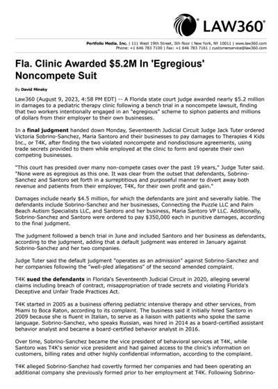 Fla. Clinic Awarded $5.2M In 'Egregious' Noncompete Suit - Law360